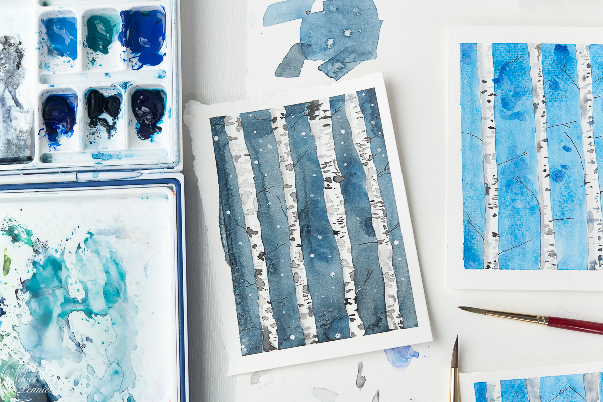 Birch tree paintings and watercolor palette