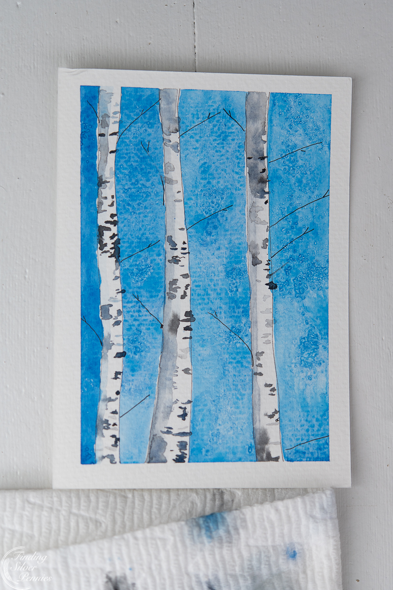 Close up on Birch Tree painting with salt added.