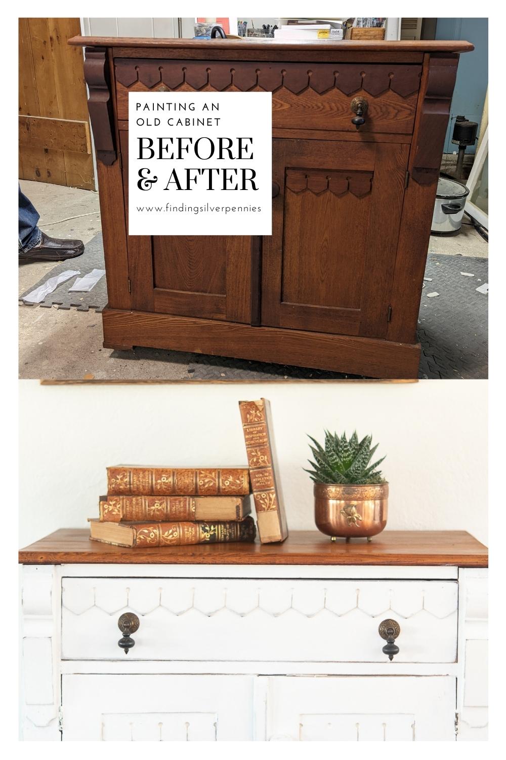 Before an after old cabinet unpainted and then painted with white paint and top left natural wood